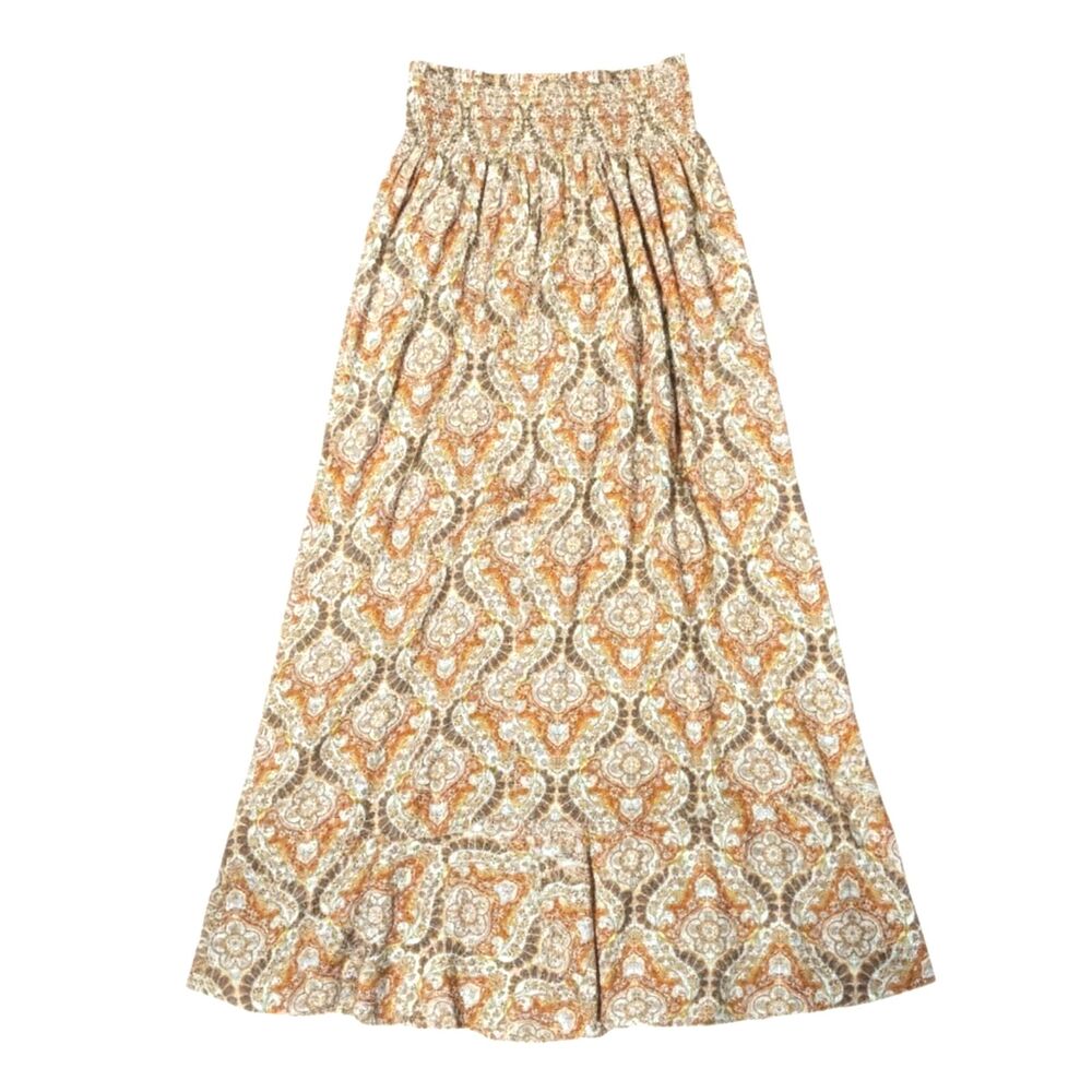Rachel Zoe Maxi Skirt Medium Rust Orange Paisley Boho Smocked Waist Buttons - Picture 3 of 5
